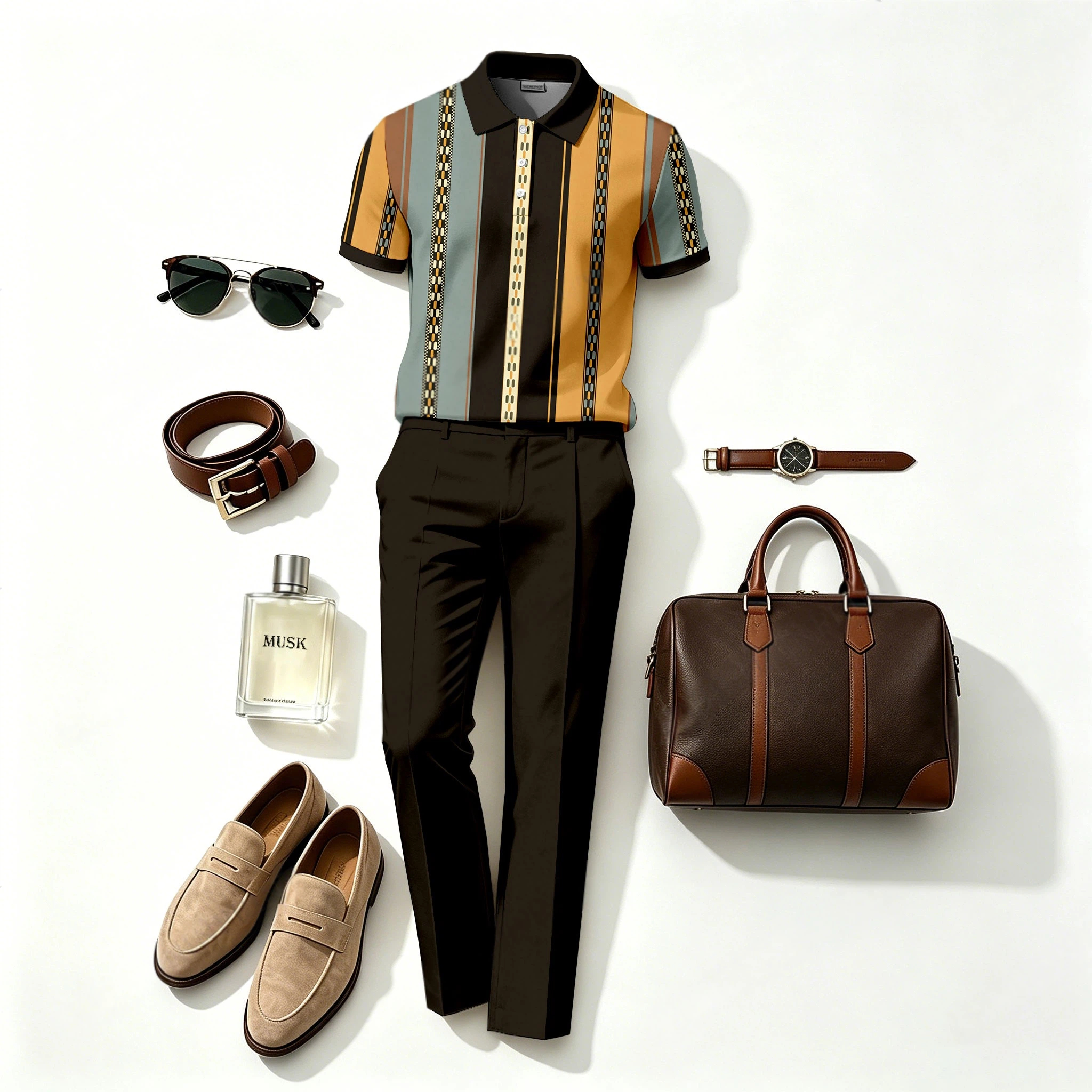 Conjunto de dos piezas casual a rayas Two-Tone estampado de manga corta camisa polo and pantalón (Does Not Include Accessories Such As Watches Or Glasses) para hombre
