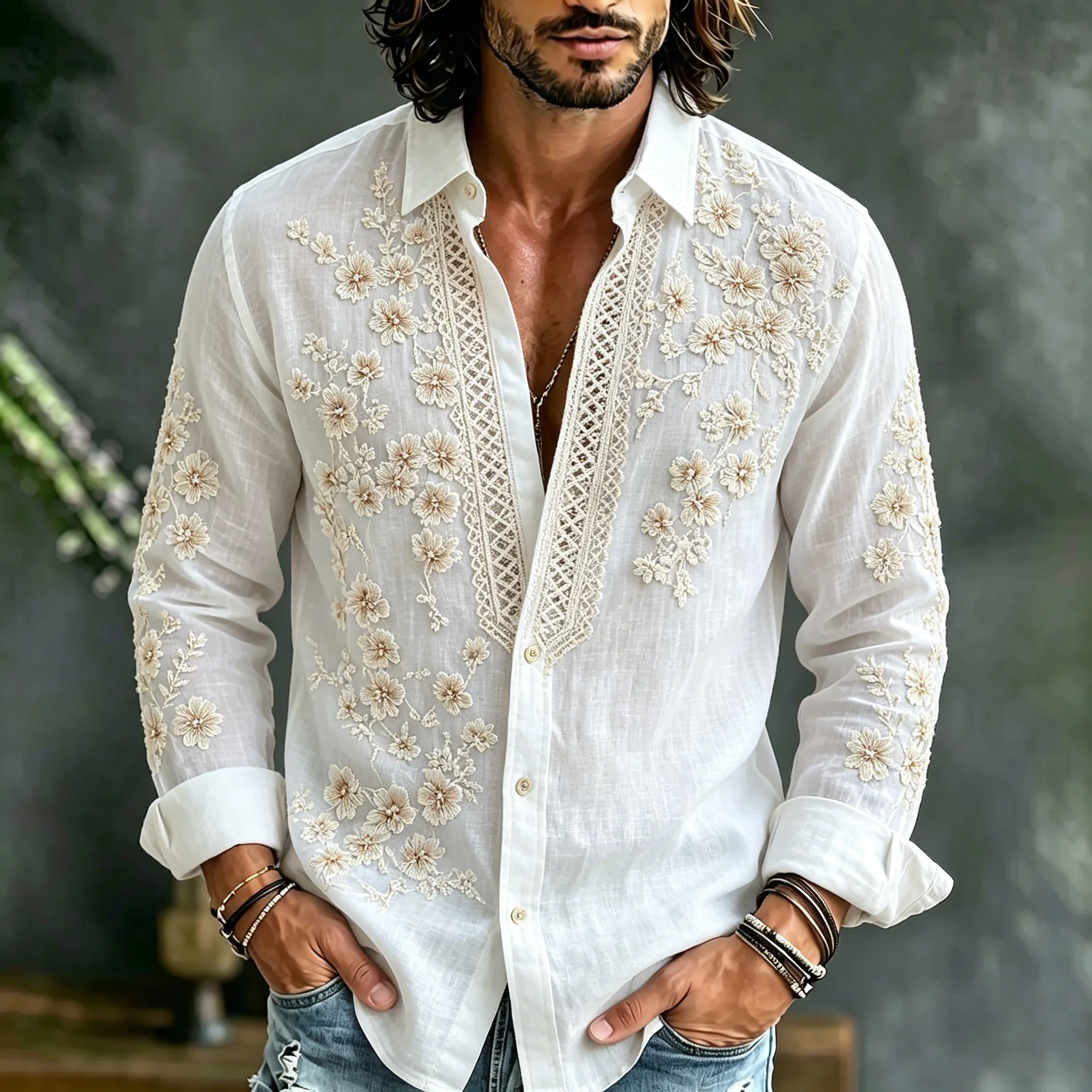 para hombre vintage floral Embroidered Art de manga larga camisa