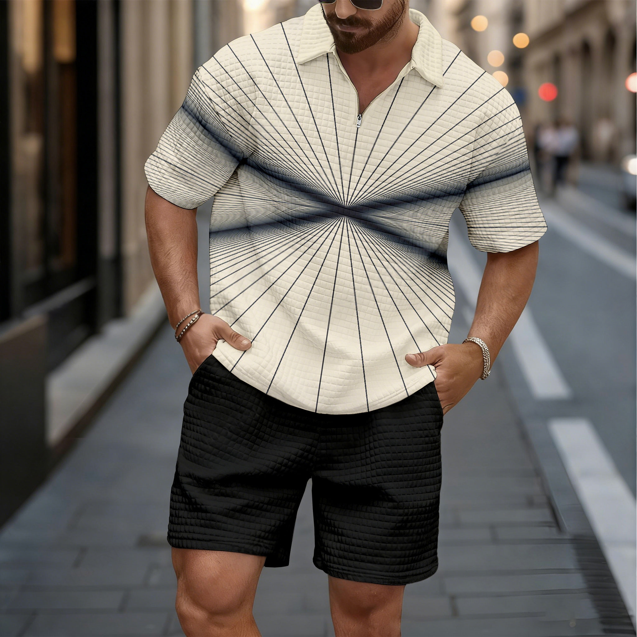 Conjunto de dos piezas casual Black & Apricot Color Matching a rayas estampado de manga corta camisa And shorts para hombre