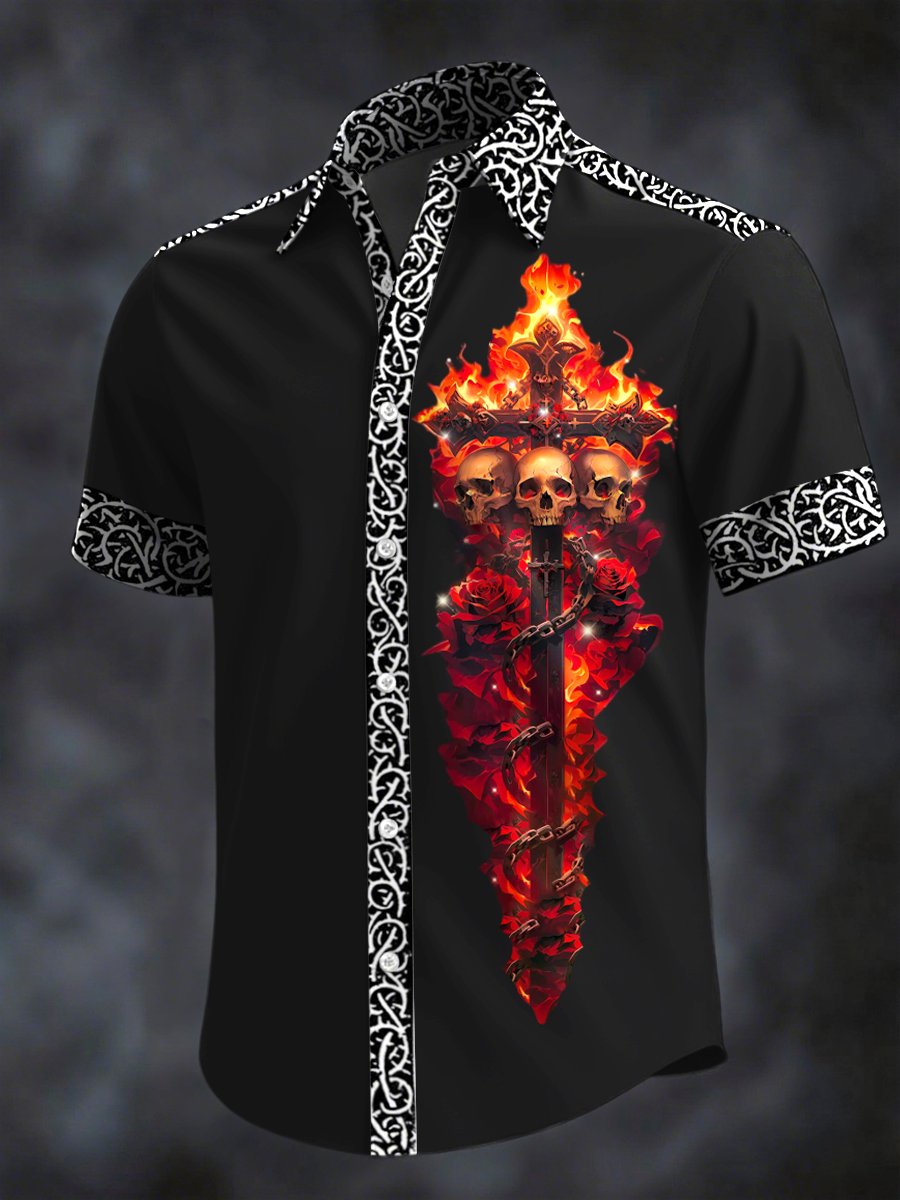 Camisa retro Horror Skull estampado solapa de manga corta para hombre