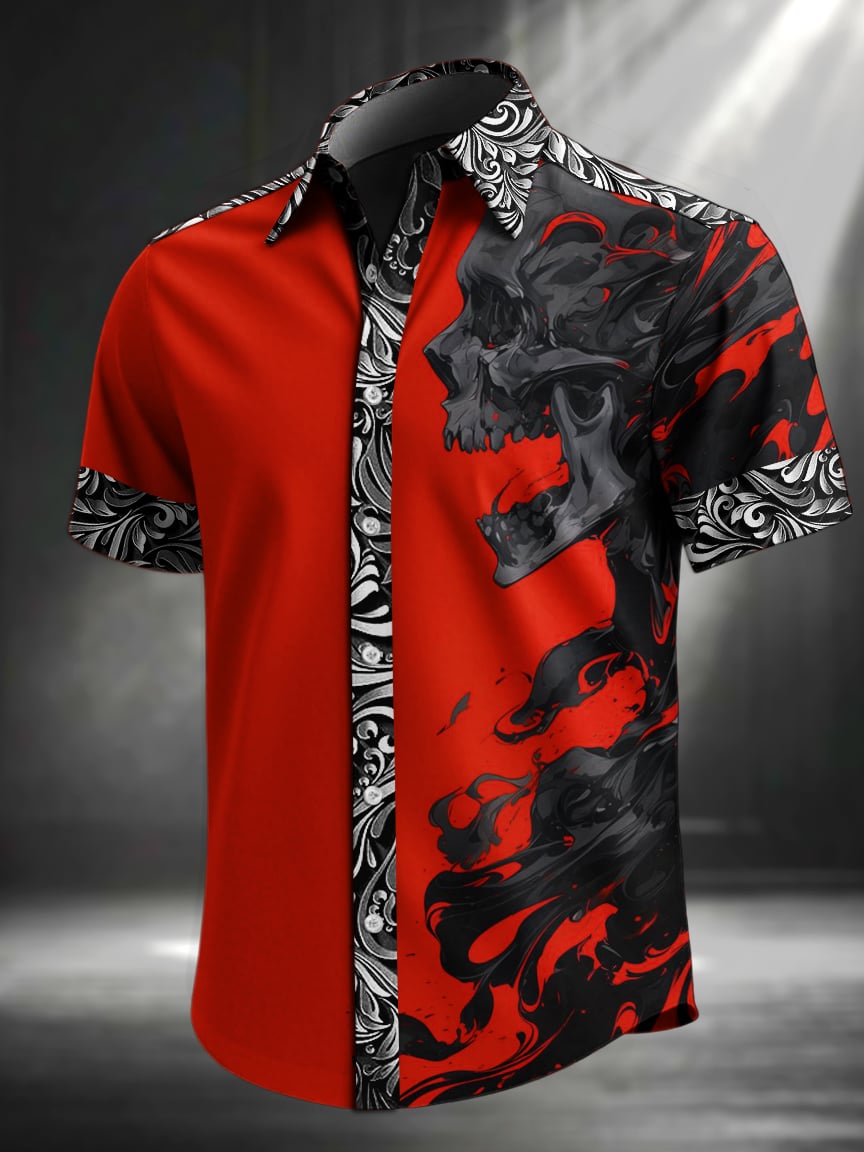 Camisa vintage Skull floral estampado solapa de manga corta para hombre