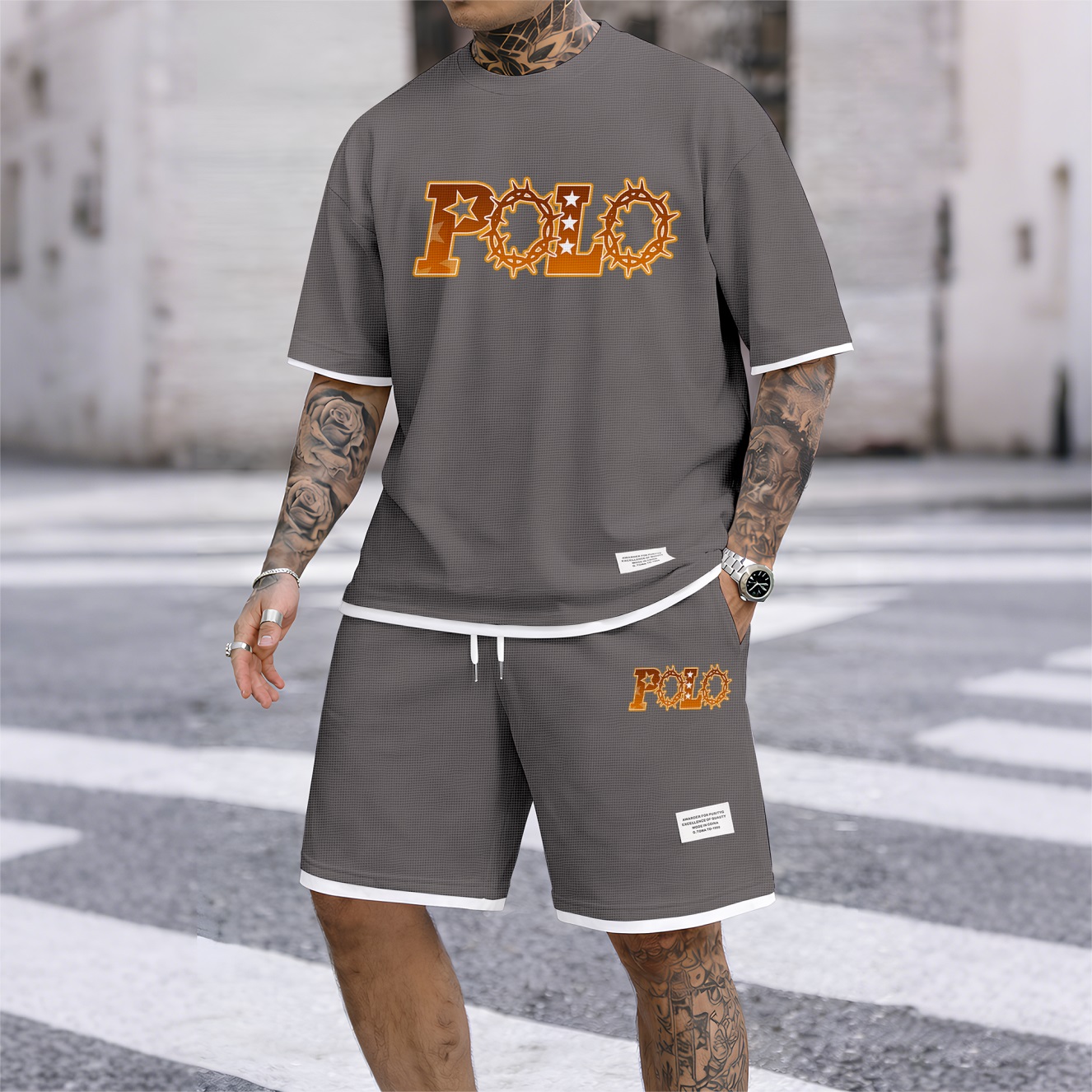 Camisa retro Thorns estampado Waffle Fabric de manga corta And shorts Set para hombre