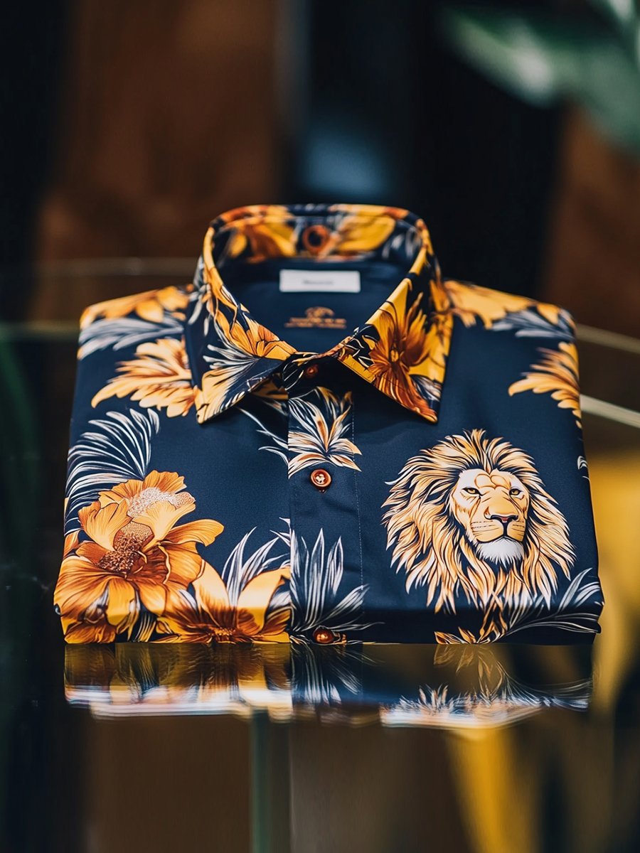 Camisa casual Lion floral de manga larga para hombre