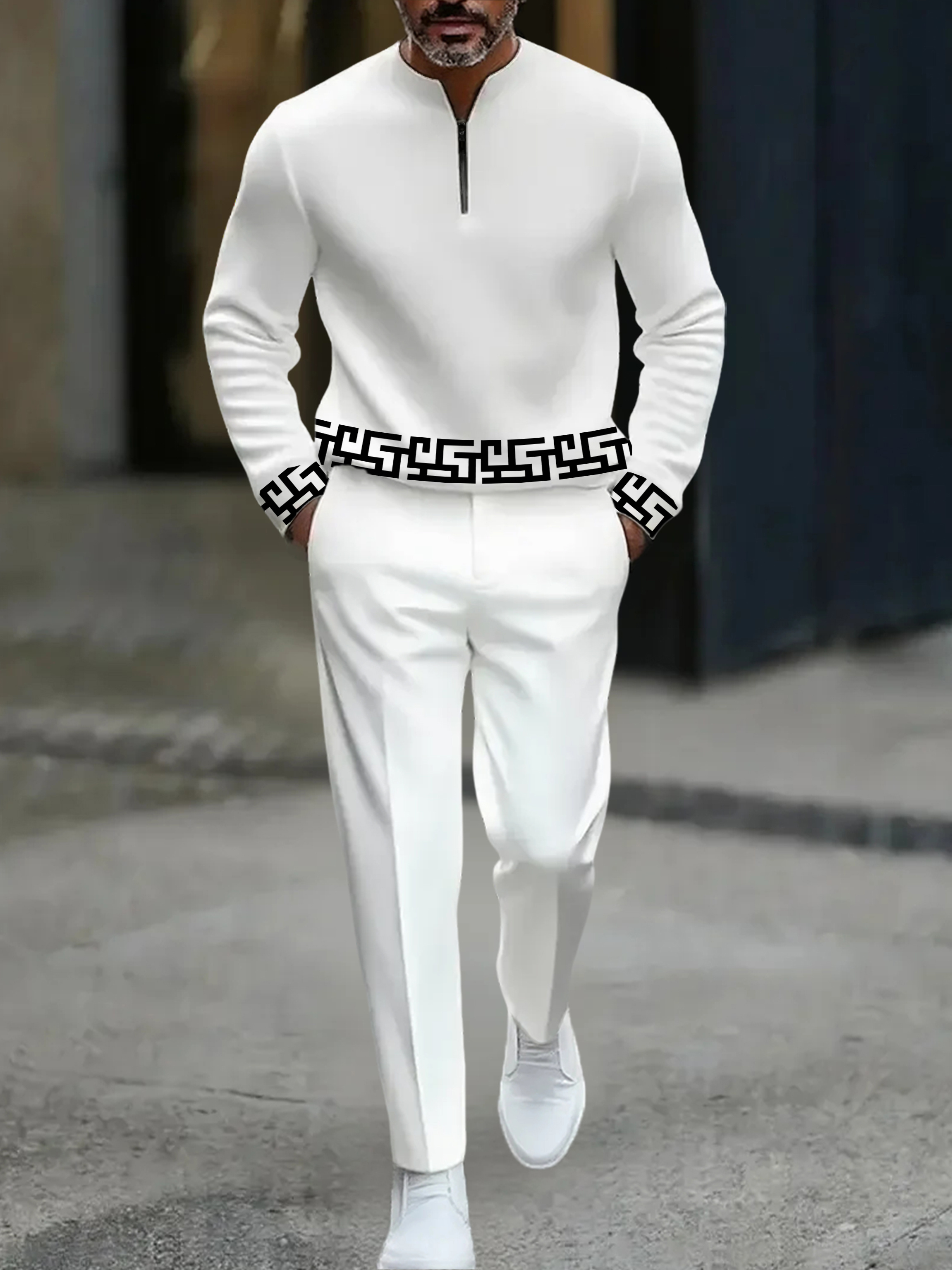 para hombre casual Black & White Color Matching Geometric estampado Round-Neck Zipper de manga largad Sweacamiseta & Trousers conjunto de dos piezas