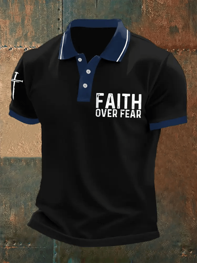 Camisa polo retro Faith “Faith Over Fear�? casual estampado para hombre