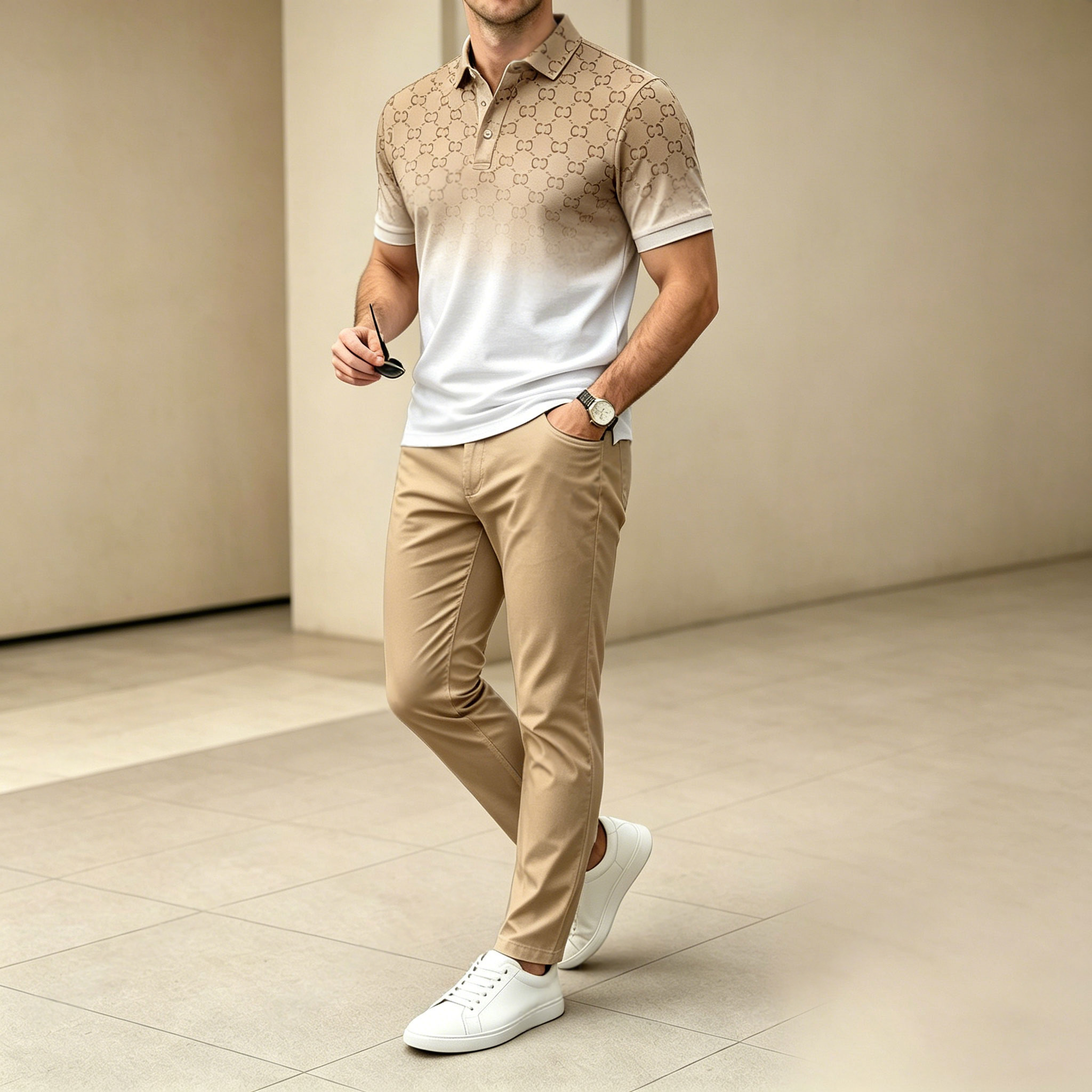 Conjunto de dos piezas casual Khaki Gradient estampado camisa polo And pantalón para hombre