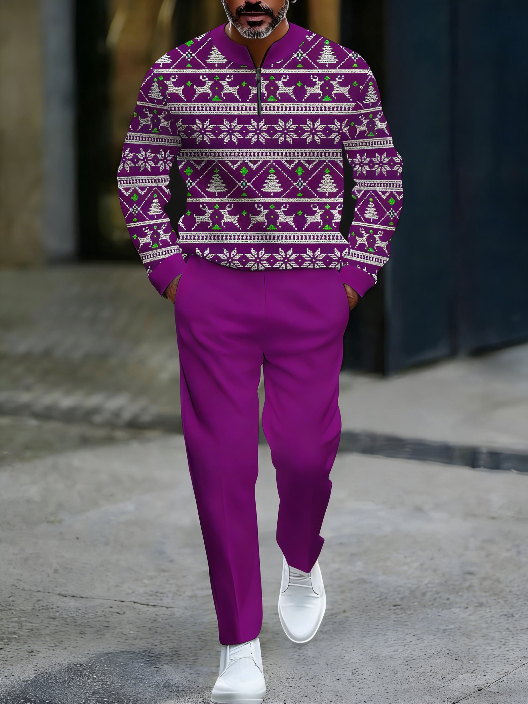 Conjunto de dos piezas casual Purple & White Color Matching Christmas estampado Round-Neck Zipper de manga larga sudadera & Trousers para hombre
