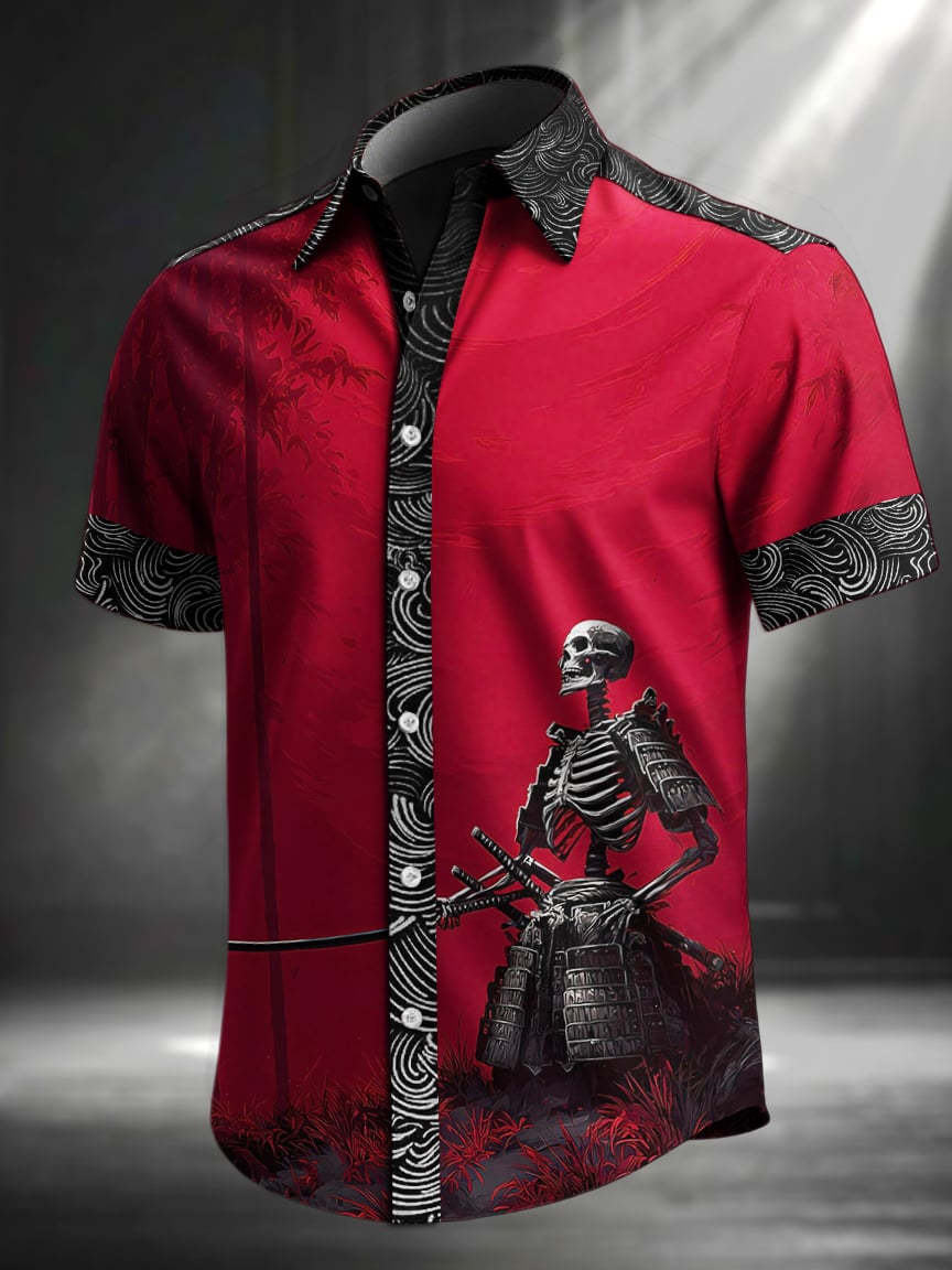 Camisa vintage Skull floral estampado solapa de manga corta para hombre