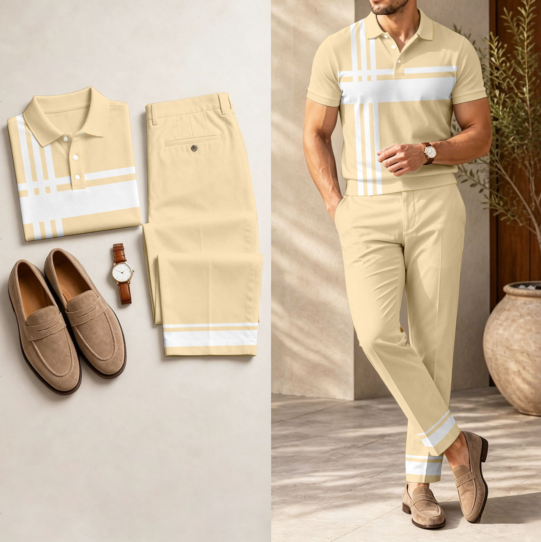 Conjunto de dos piezas casual Beige estampado camisa polo And pantalón para hombre