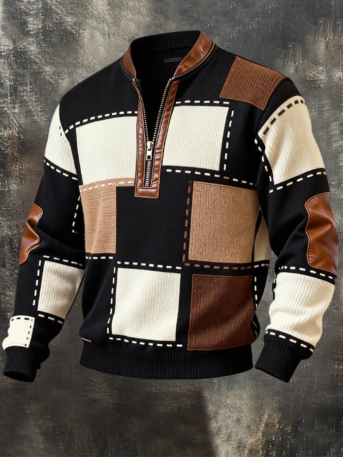 Sudadera casual retro Contrast Color Half Zip Stand cuello de manga larga para hombre