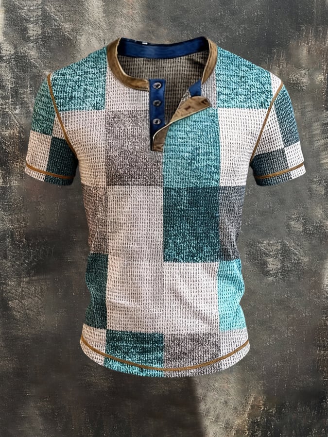 Camiseta vintage-Style Color-Block de manga corta With Henley cuello para hombre