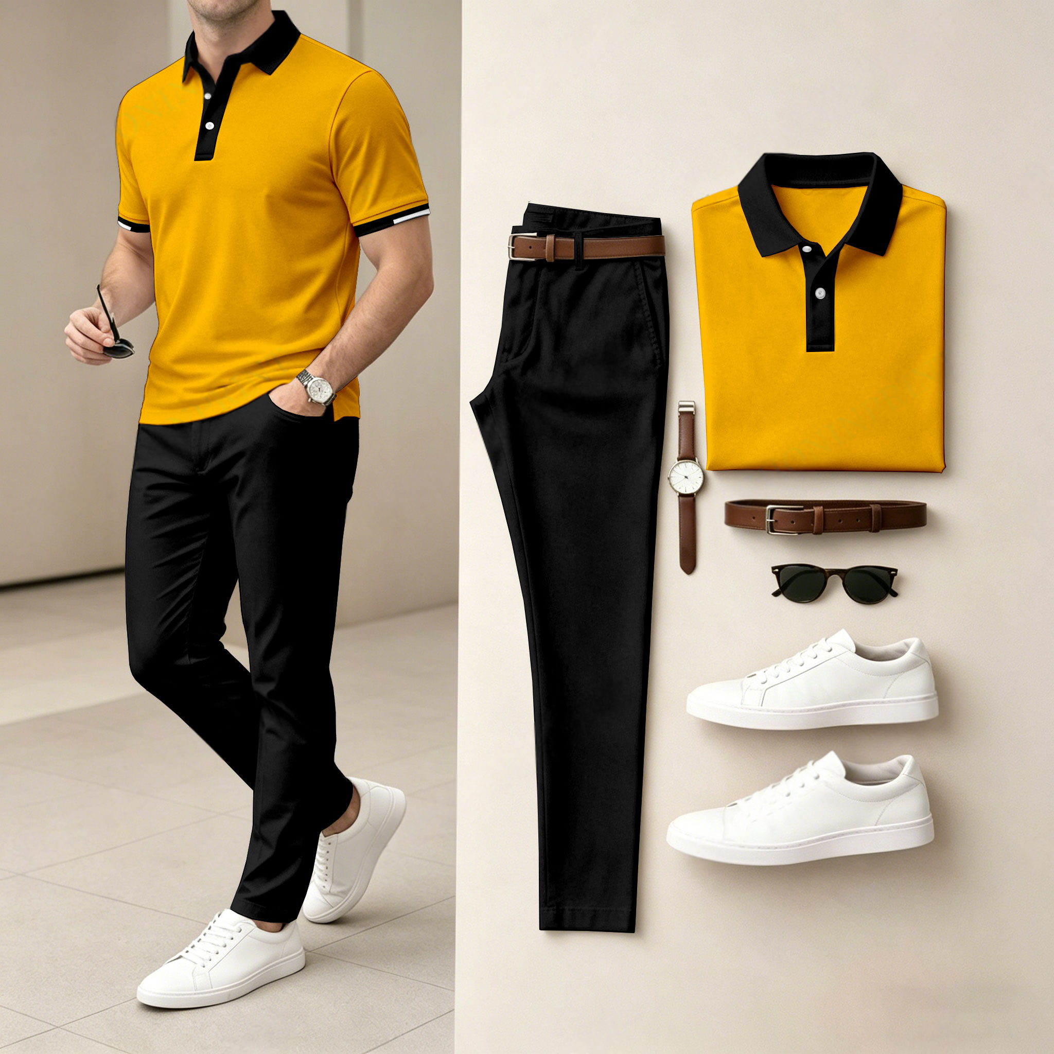 Camisa polo casual Color-Blocked estampado de manga corta And pantalón Set (Excludes Accessories Such As Watches And Belts) para hombre
