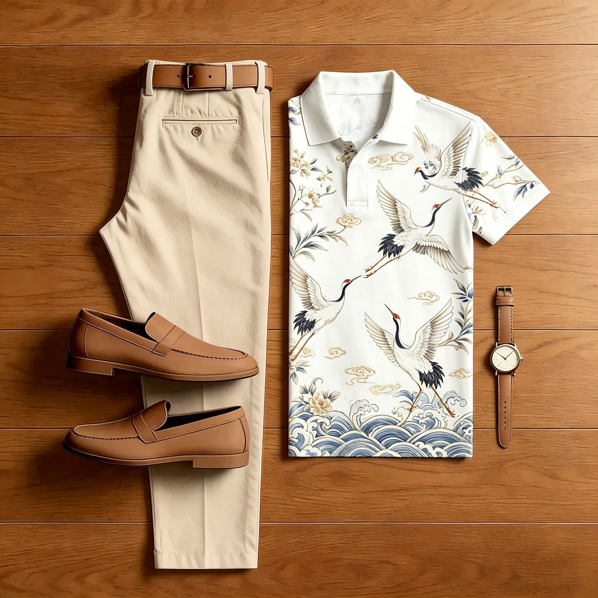 Conjunto de dos piezas casual White Crane estampado camisa polo And pantalón para hombre