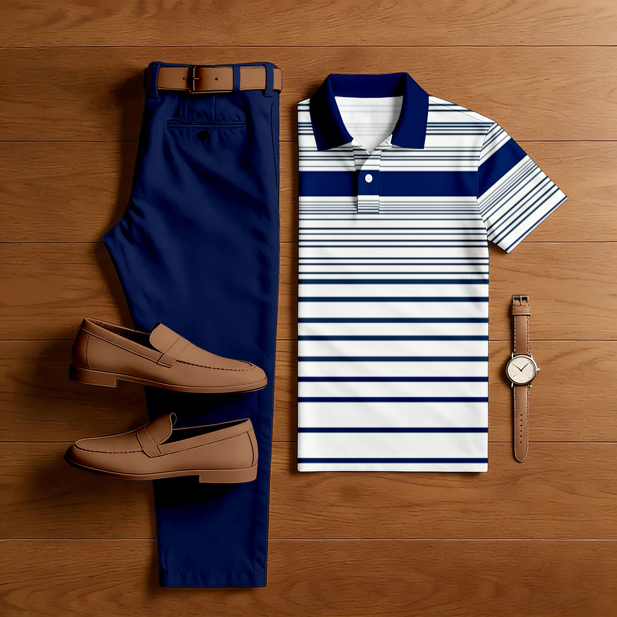 Conjunto de dos piezas casual Royal Blue & White Color Matching a rayas estampado de manga corta camisa polo & Trousers para hombre