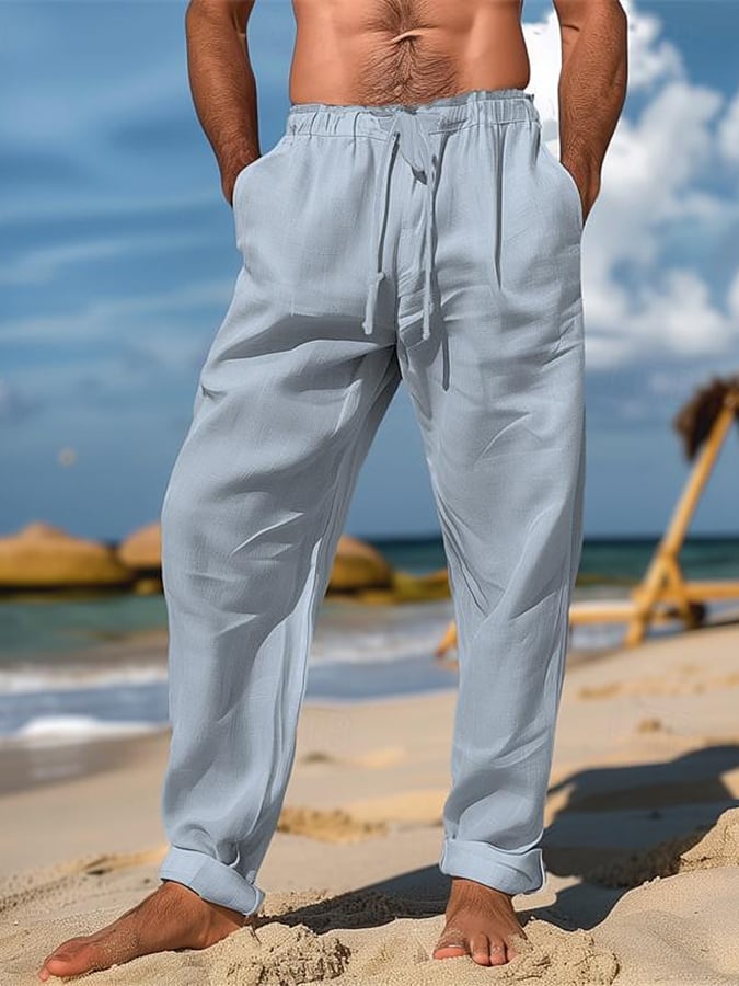 Pantalón retro de color sólido Design Elastic Waist Lace-Up casual para hombre
