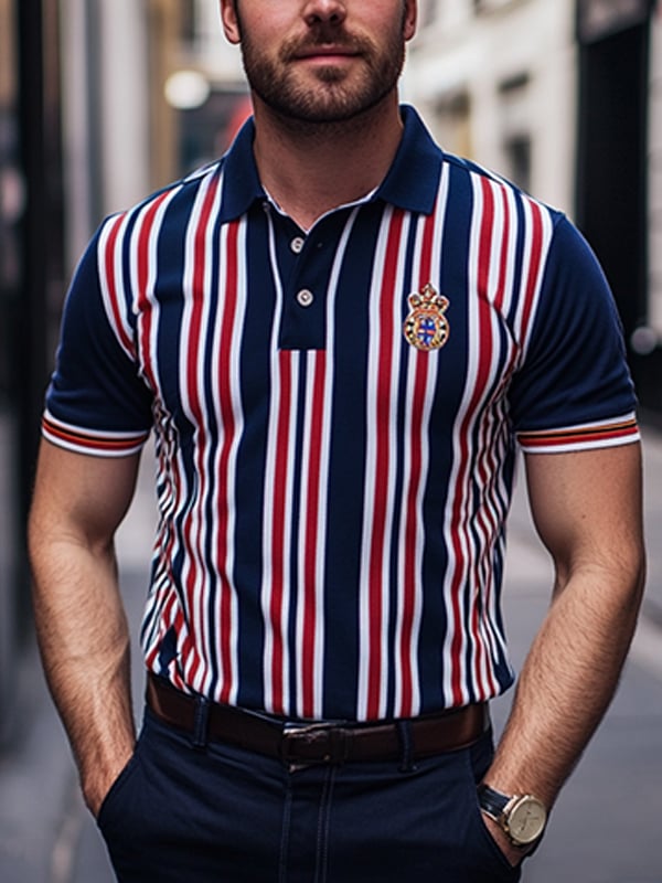 Camisa polo ejecutivo rayas Logo con botones de manga corta para hombre