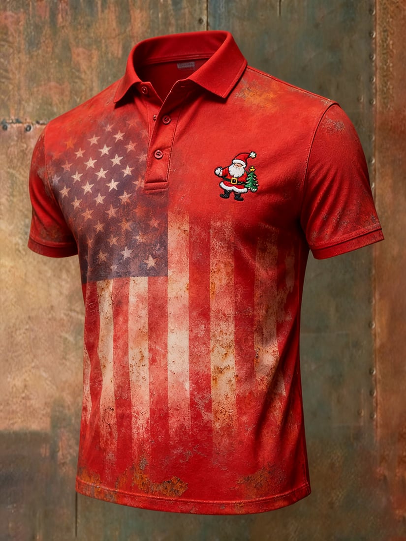 Camisa polo vintage Christmas American Flag con botones de manga corta para hombre