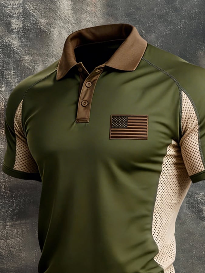 Camiseta retro Spliced ​​transpirable Mesh "Patriot" Polo-Collar casual para hombre