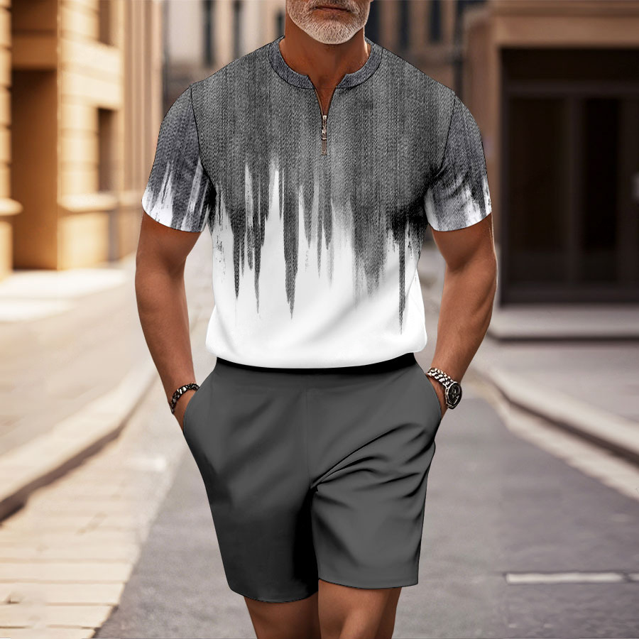 Conjunto de dos piezas casual Gray Shading Half-Zip de manga corta camisa And shorts para hombre