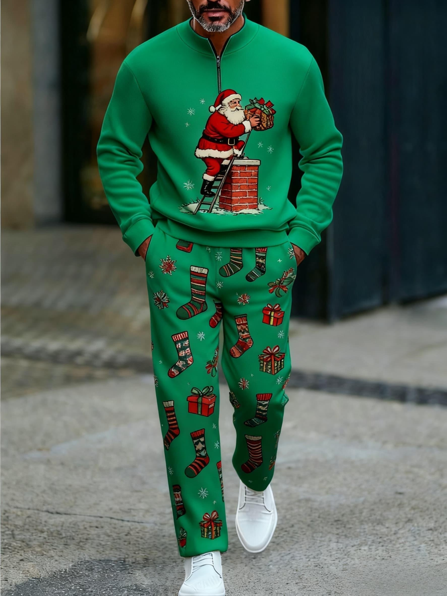 Conjunto de dos piezas Christmas estampado Round-Neck cierre de manga larga Trousers para hombre