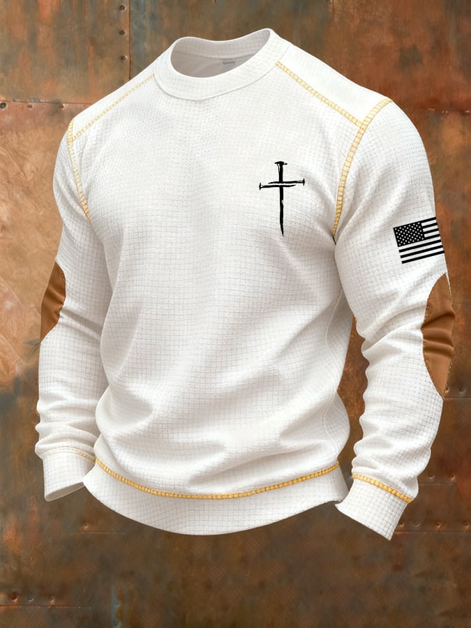 Sudadera vintage Faith Cross estampado Waffle cuello redondo para hombre