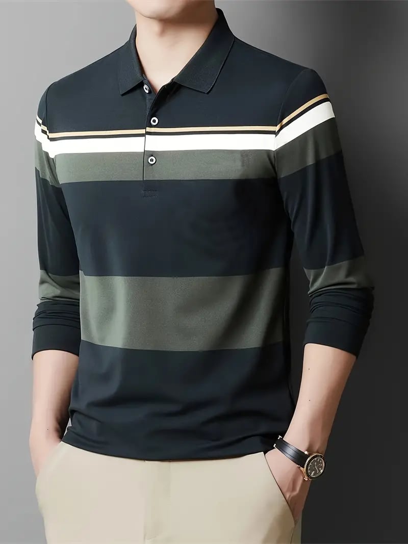 Camisa polo ejecutivo casual a rayas de manga larga para hombre