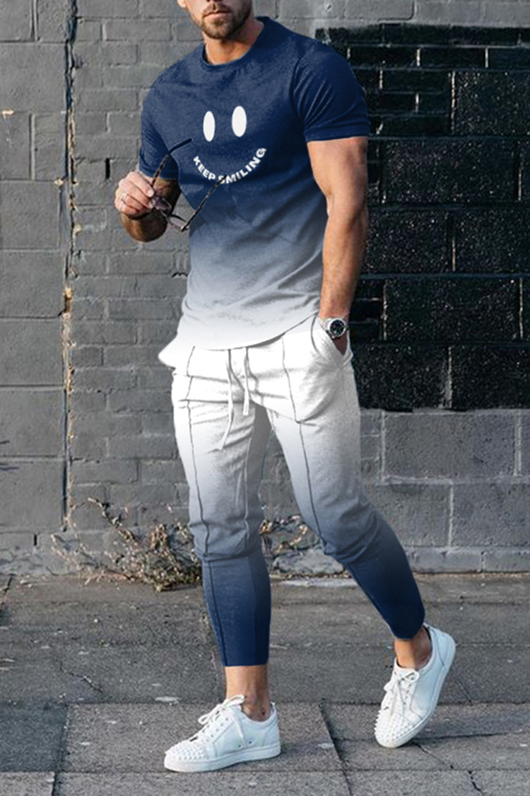 Conjunto de dos piezas Blue And White Gradient Sports camiseta And pantalón