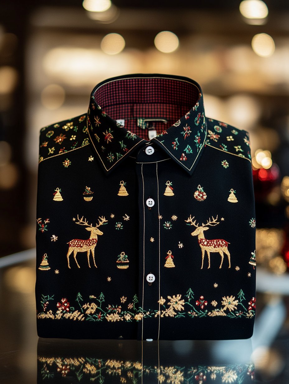 Camisa retro Christmas estampado Santa Gifts Elk de manga larga para hombre