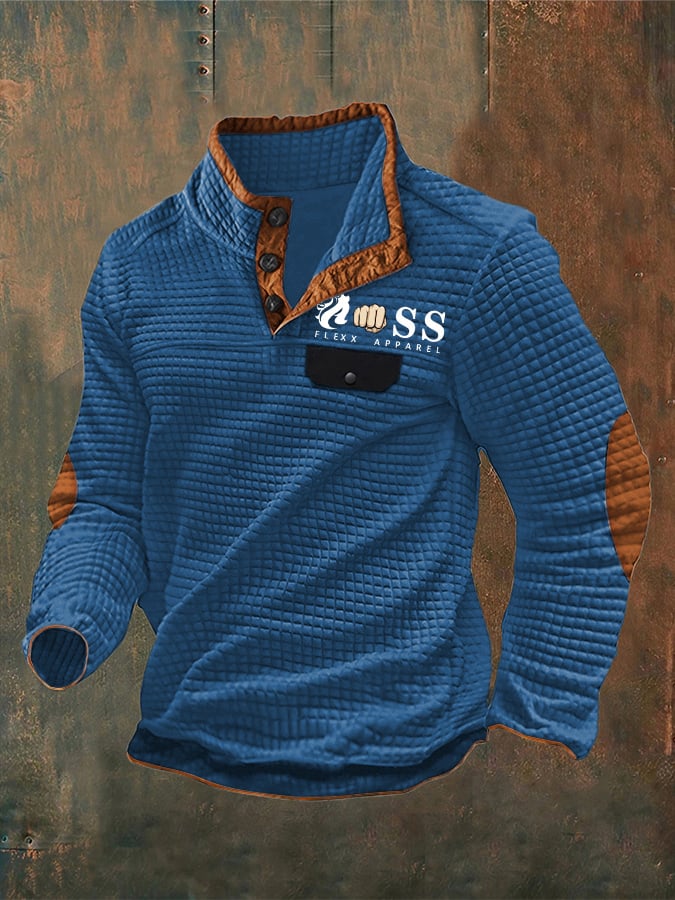 Sudadera vintage Lettering estampado Stand cuello Check Button para hombre