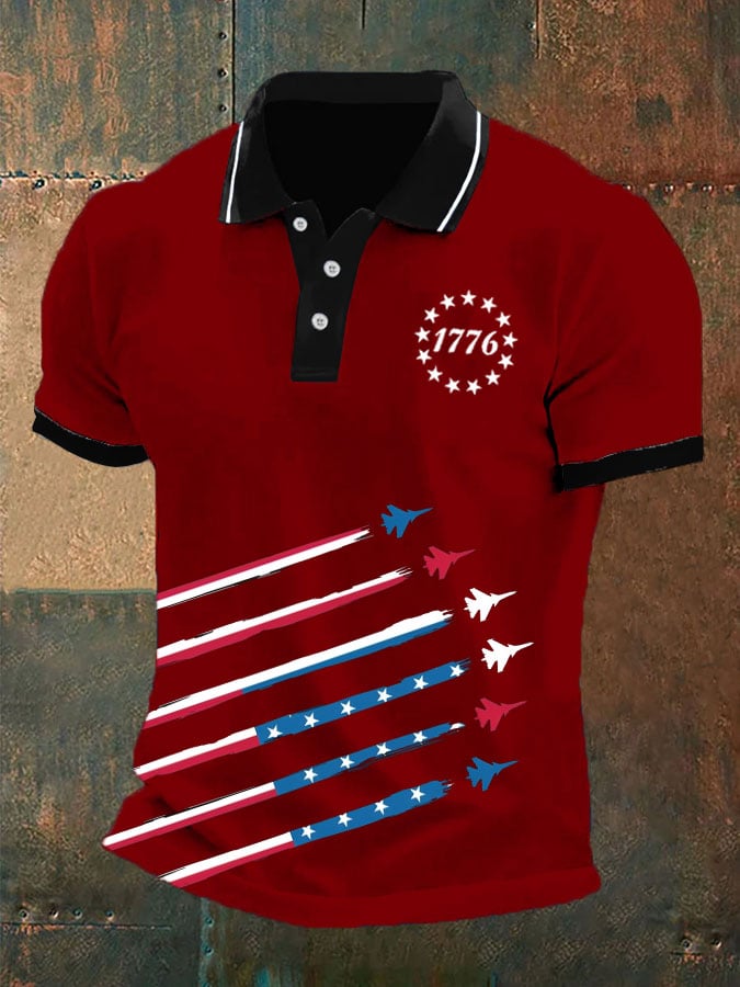 Camisa polo Independence Day retro Flag Fighter diseño para hombre