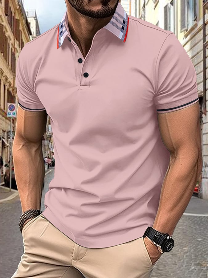Camisa polo acanalado floral cuello de color sólido Button Up de manga corta para hombre