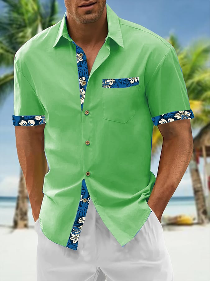 Camisa Resort Style Contrast estampado casual de manga corta para hombre