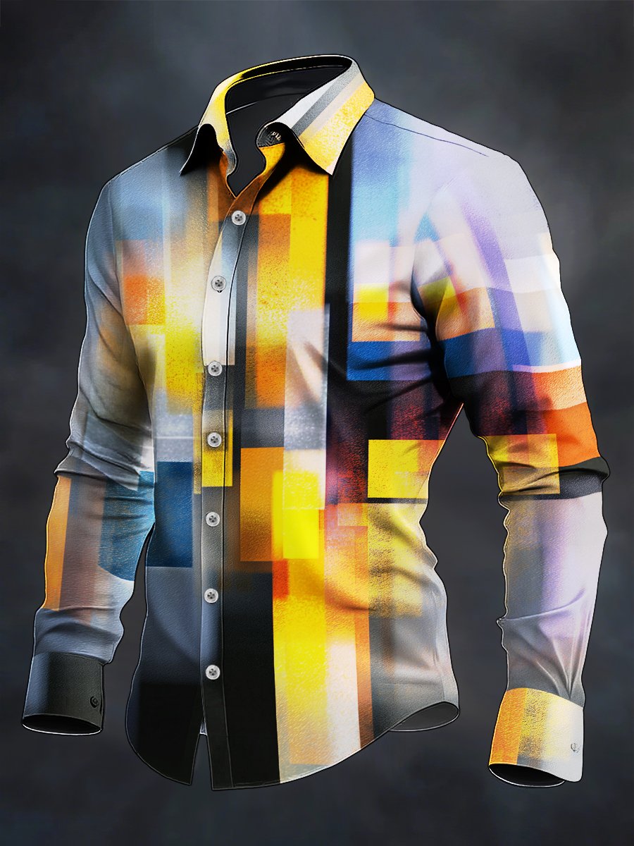 Camisa retro casual geométrico Art de manga larga para hombre
