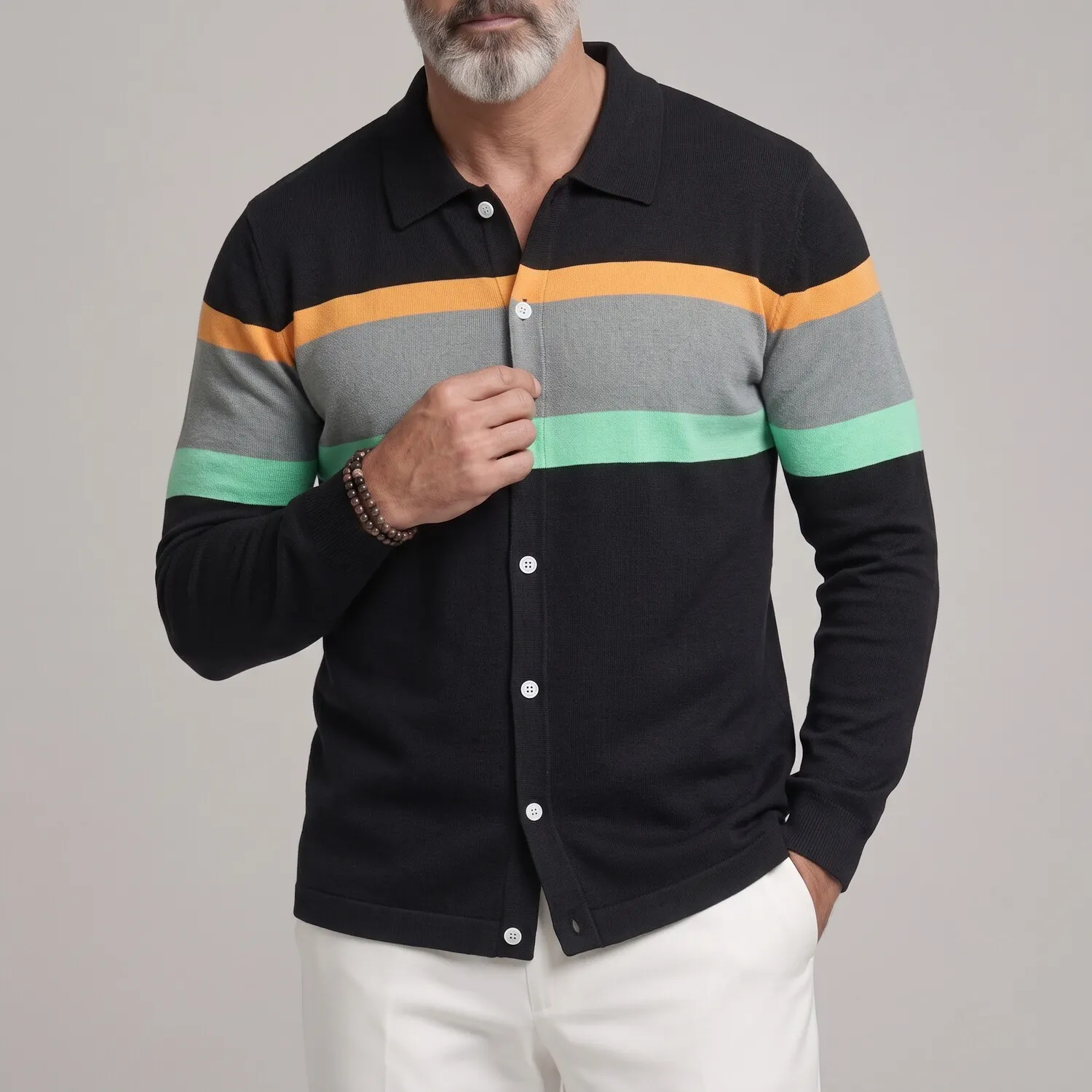 para hombre de moda Colorblock a rayas Button-Up de corte entallado de manga larga camisa