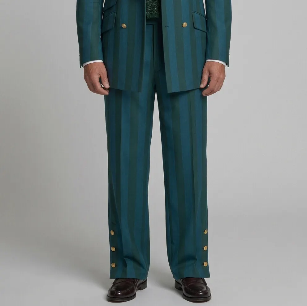 para hombre Teal Contrast a rayas Print Side Buttons High Waist Wide Leg Suit pantalón