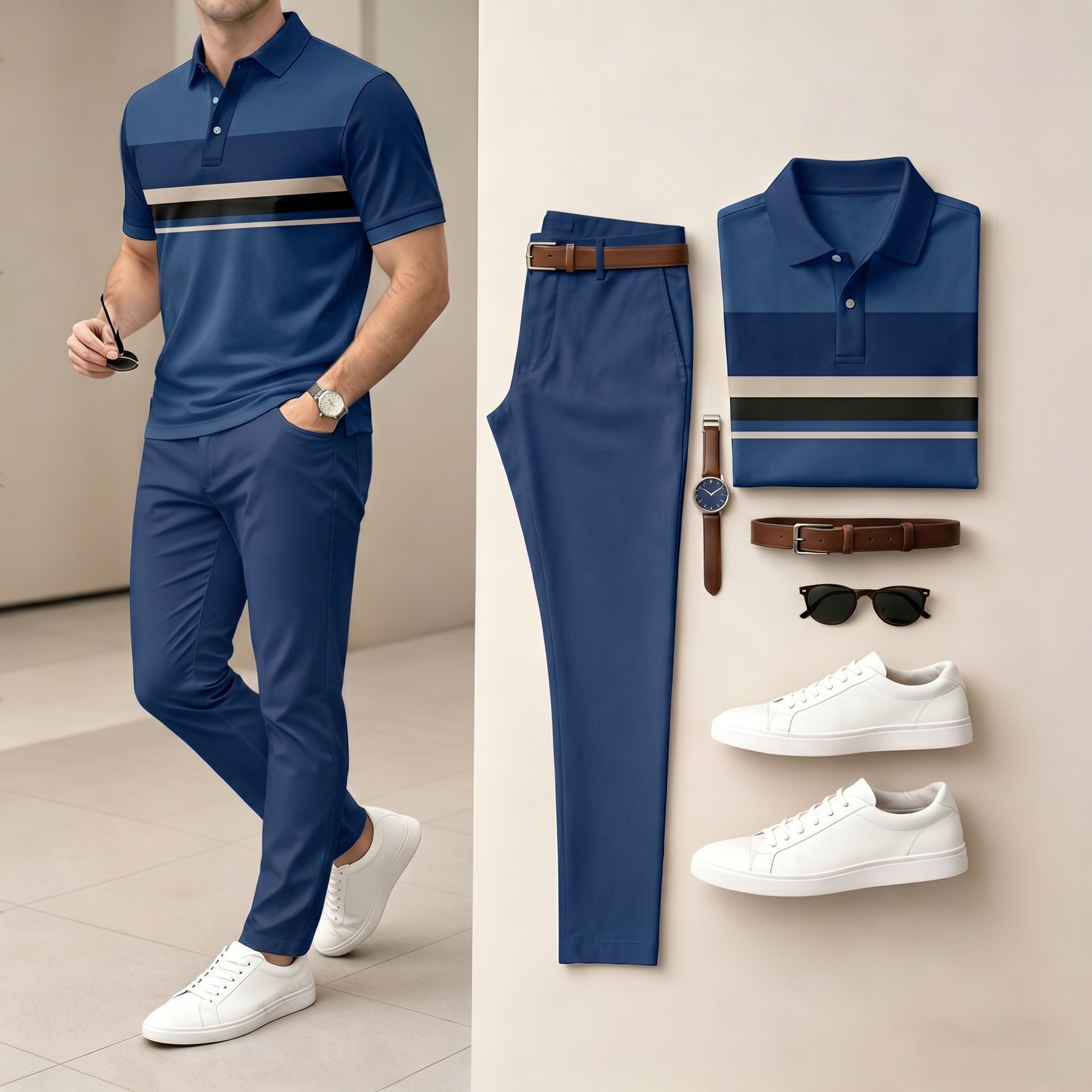 Conjunto de dos piezas Navy Blue & Apricot Color Matching a rayas estampado de manga corta camisa polo & pantalón para hombre