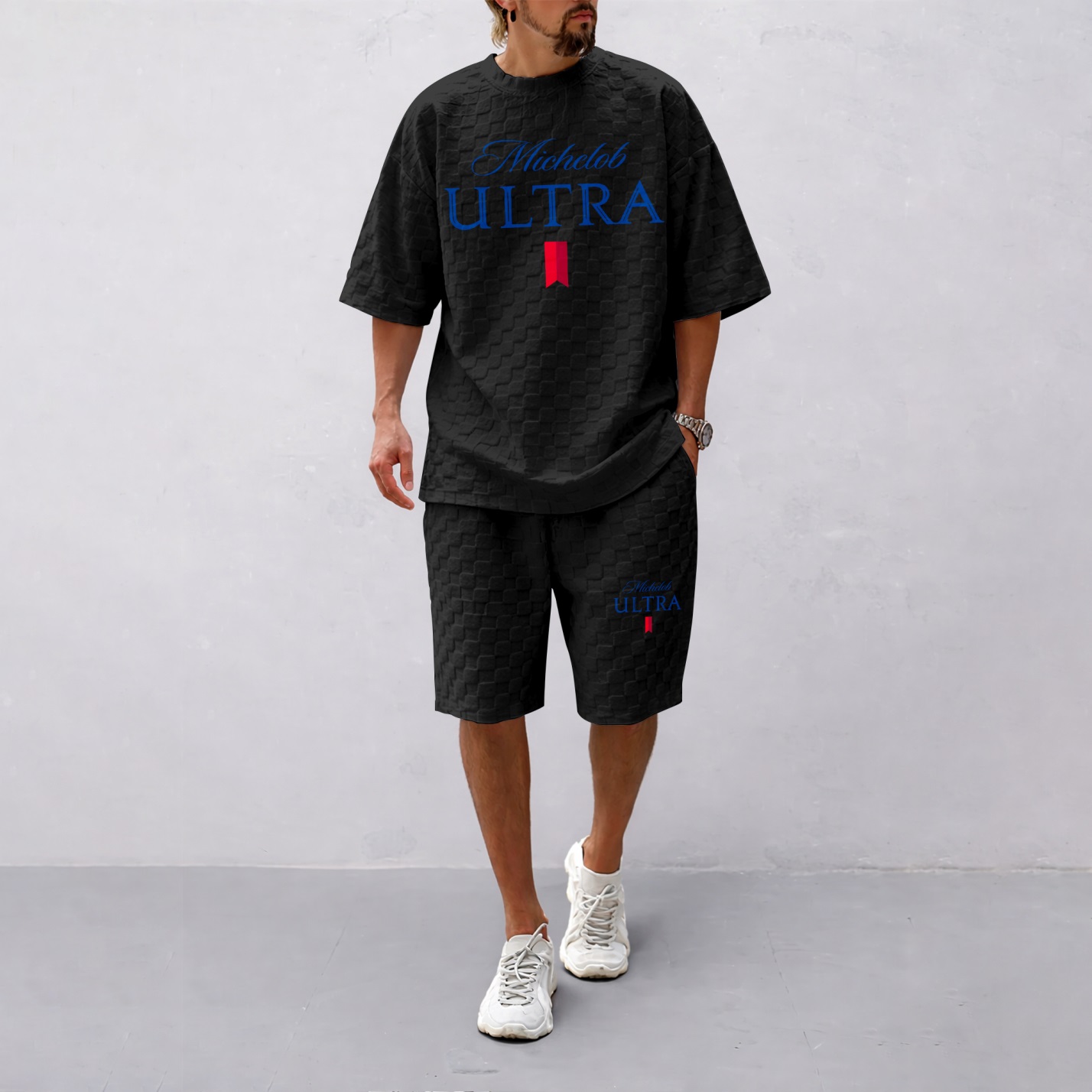 Camisa Spring/Summer Drawstring shorts Set featuring Beverage-estampado a cuadros Fabric—A casual summer ensemble comprising a de manga corta and shorts, ideal for both para uso diario wear and athletic activities para hombre