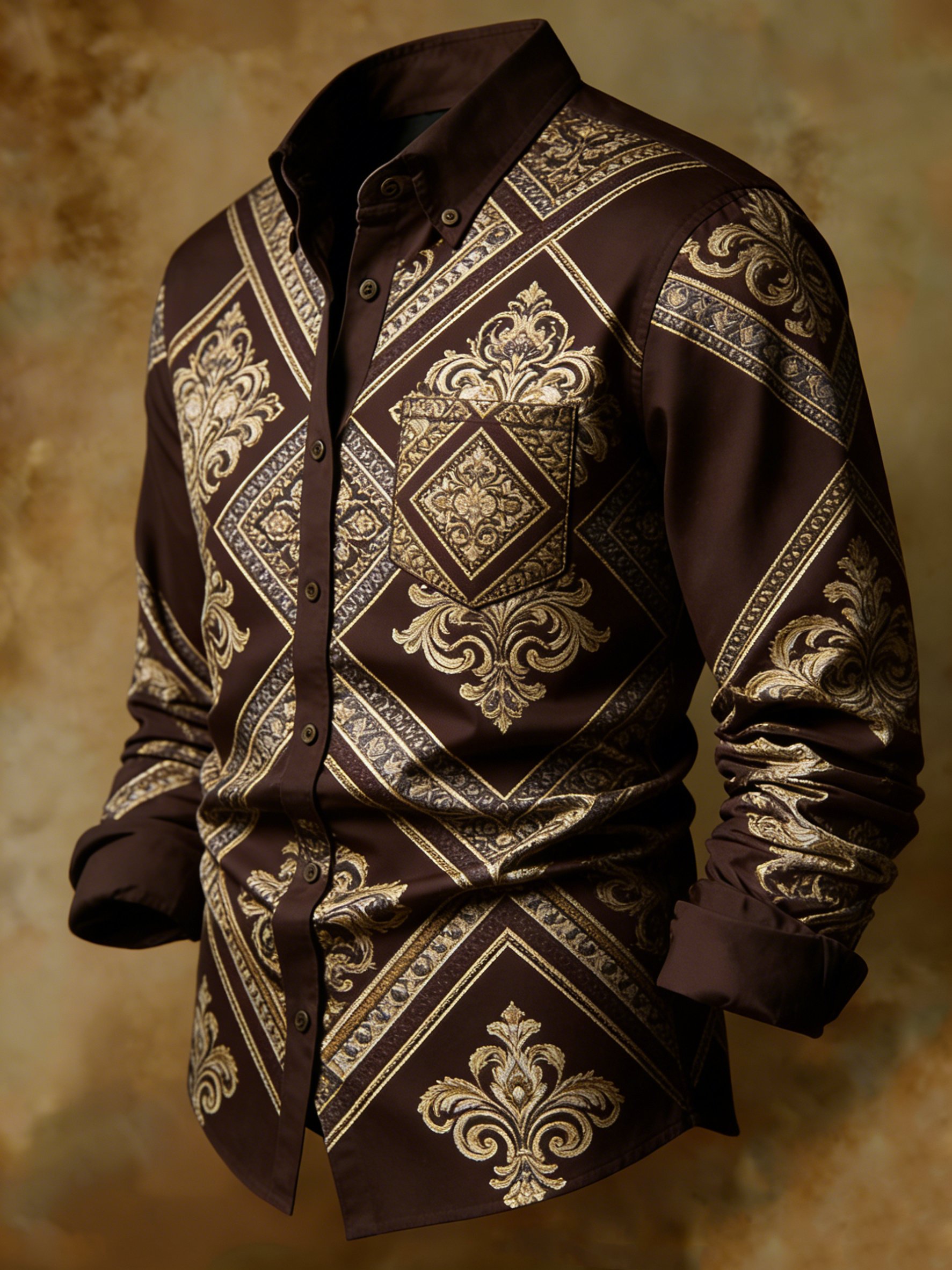 Camisa de lujo Chocolate satén Baroque Gold estampado ejecutivo