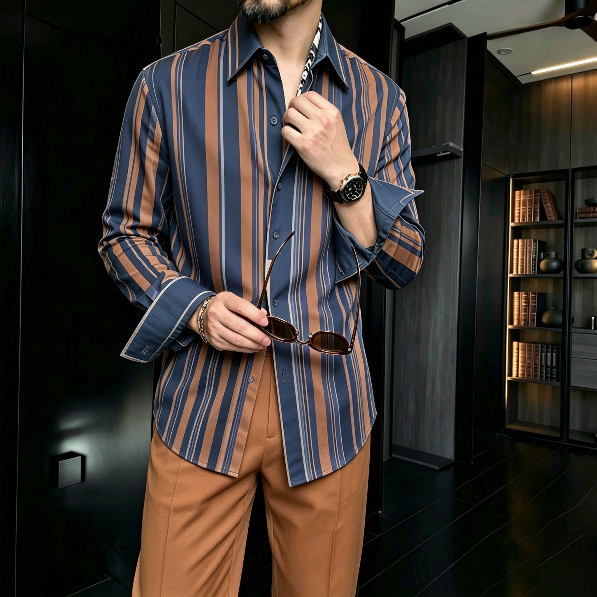Conjunto de dos piezas casual a rayas Patchpara trabajo-estampado Lapel de manga larga camisa and pantalón para hombre