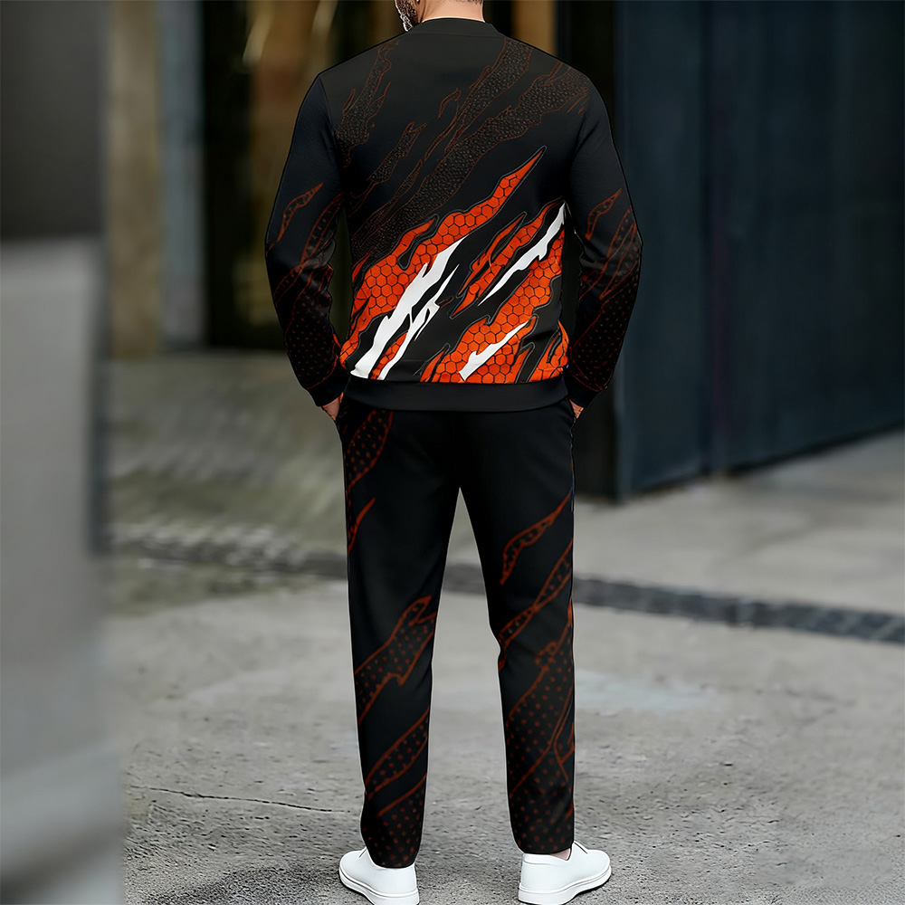 Conjunto de dos piezas casual Color Matching estampado Round-Neck Zipper de manga larga Trousers para hombre