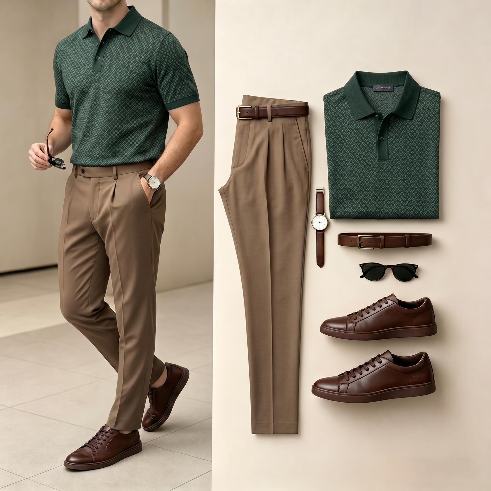 Conjunto de dos piezas Green Color Leisure de manga corta camisa polo & pantalón para hombre