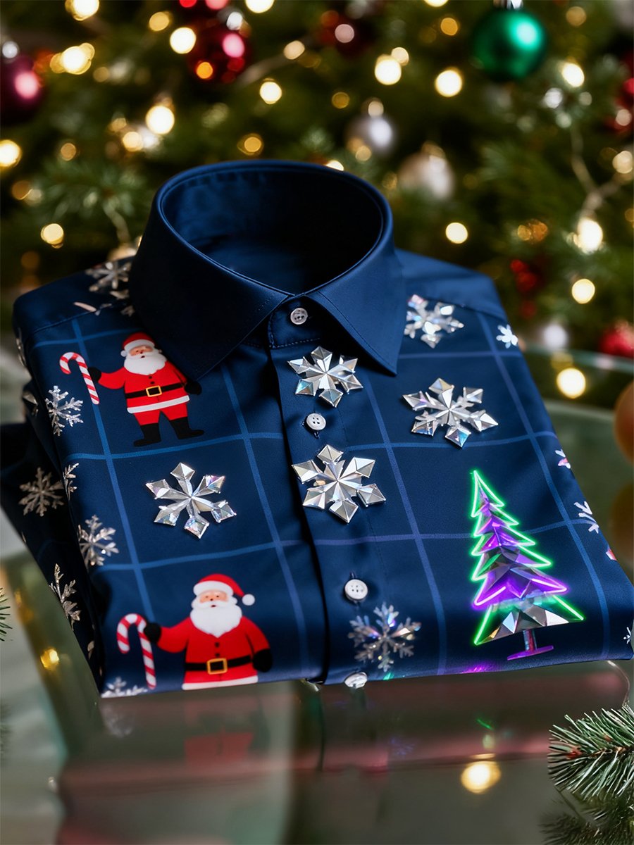 Camisa Christmas de manga larga con botones para hombre