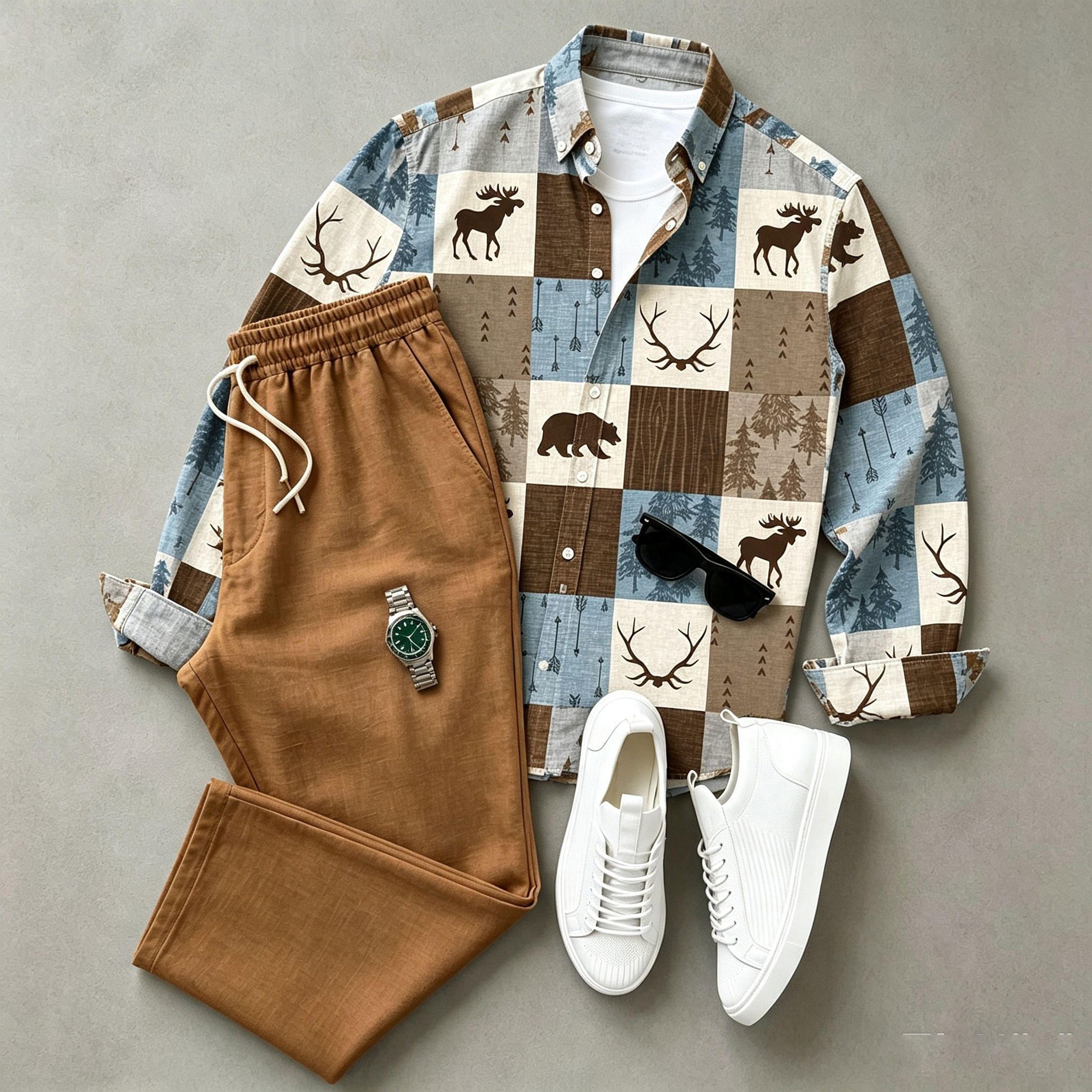 para hombre Animal-Print de manga larga camisa and pantalón Set