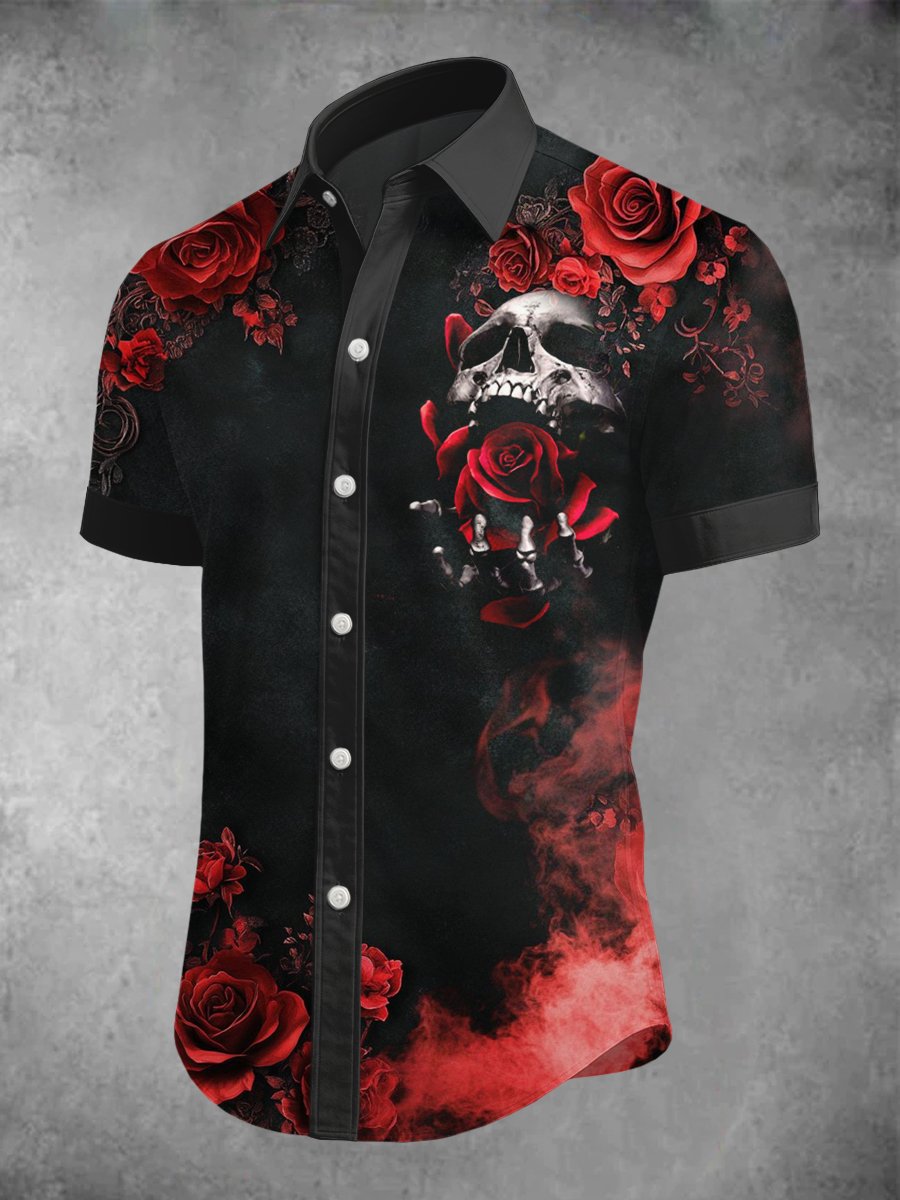 Camisa casual de moda Skull floral de manga corta para hombre