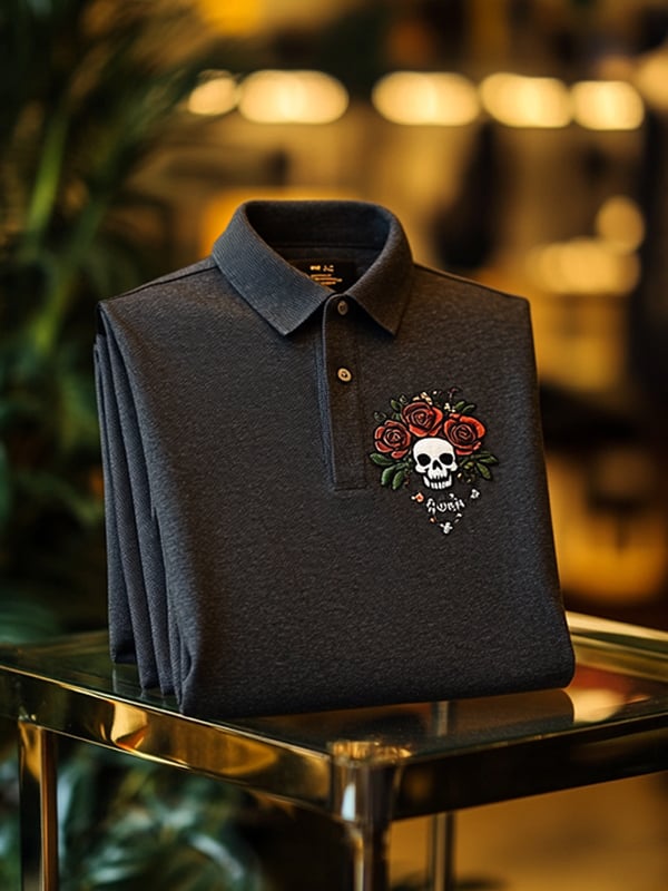Camisa polo ejecutivo casual Skull estampado con botones para hombre