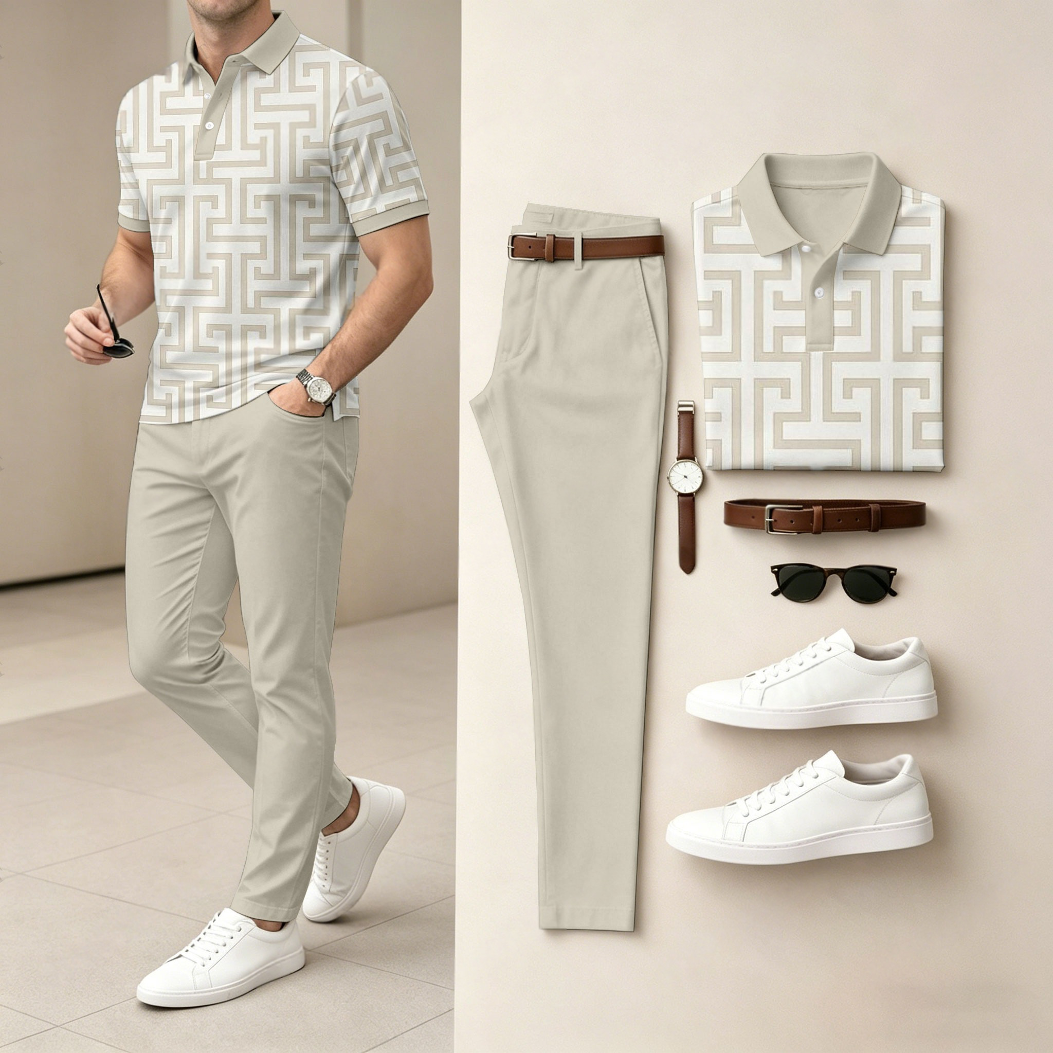 Conjunto de dos piezas casual Off White estampado camisa polo And pantalón para hombre
