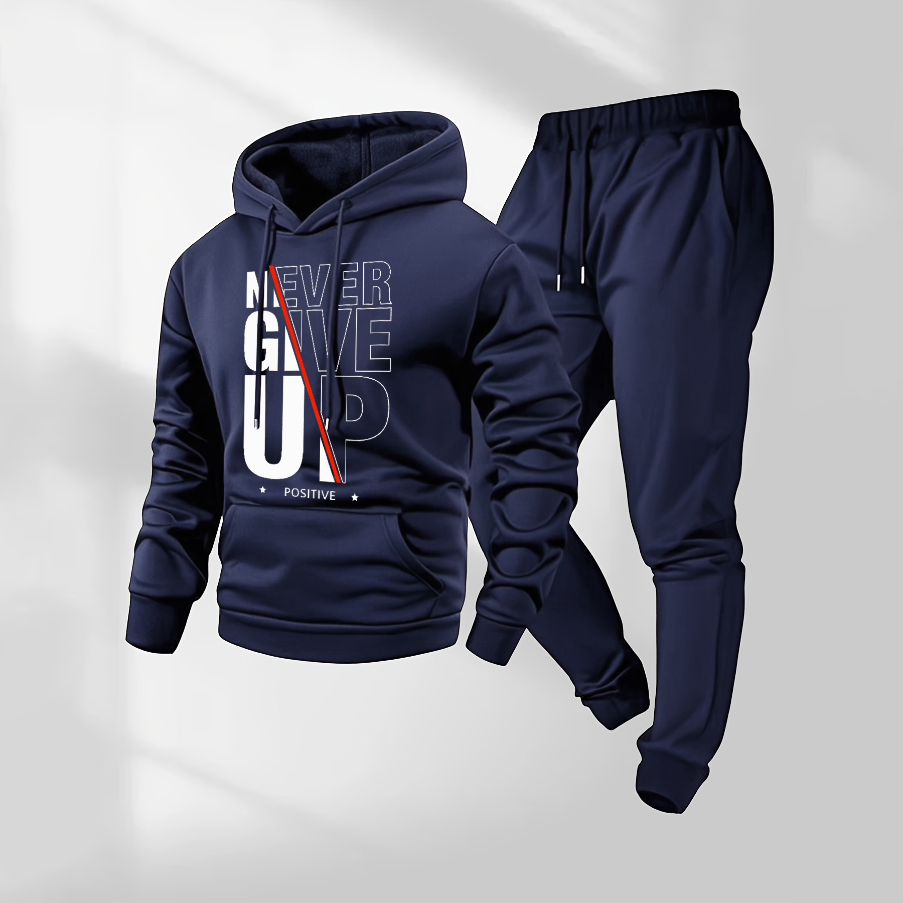 Sudadera con capucha Never Give Up Letter Pattern estampado and Drawstring Sweatpantalón Set, Menswear, casual Athletic de manga larga Hooded chaqueta & Trousers for Fall & Winter, Clothing for para uso diario Wear, Sportswear Indoor para exterior, Tracksuit, Athleisure para hombre