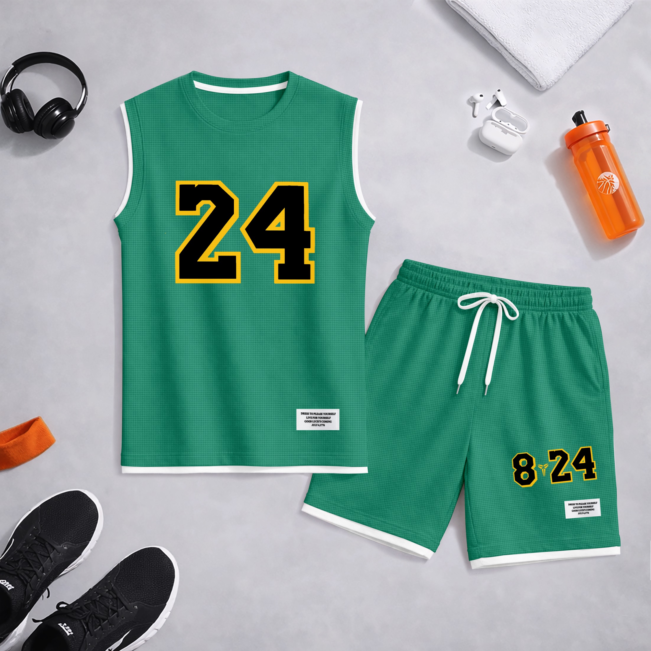 Shorts Number 24 Graphic estampado Summer Set Sleeveless Tank Top & Matching Outfit, Basketball Style Double Number estampado Lightweight casual Streetwear Athletic Set for Everyday & para trabajoout para hombre