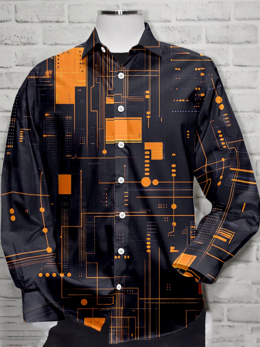 Camisa retro casual geométrico Art de manga larga para hombre