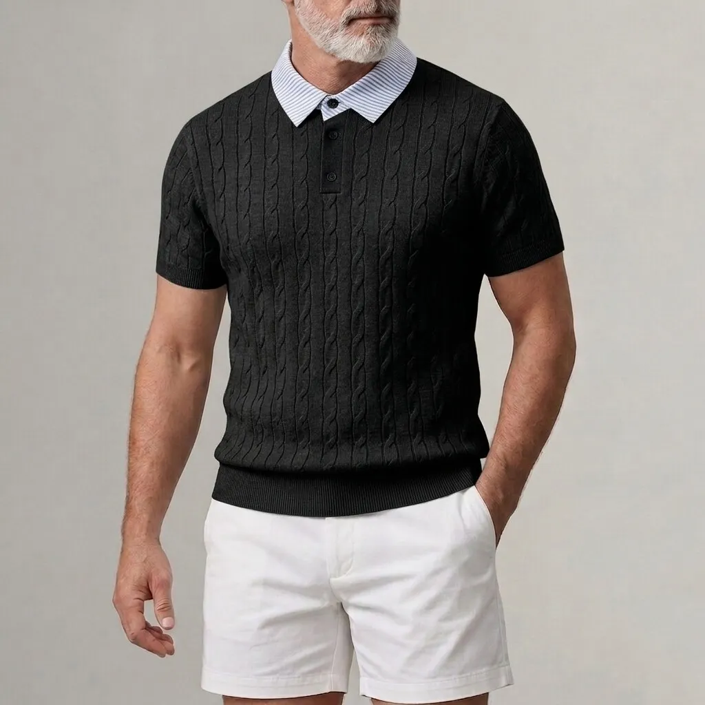 Camisa polo Cable tejidoted a rayas Turndown Collar de manga corta 2 in 1 para hombre
